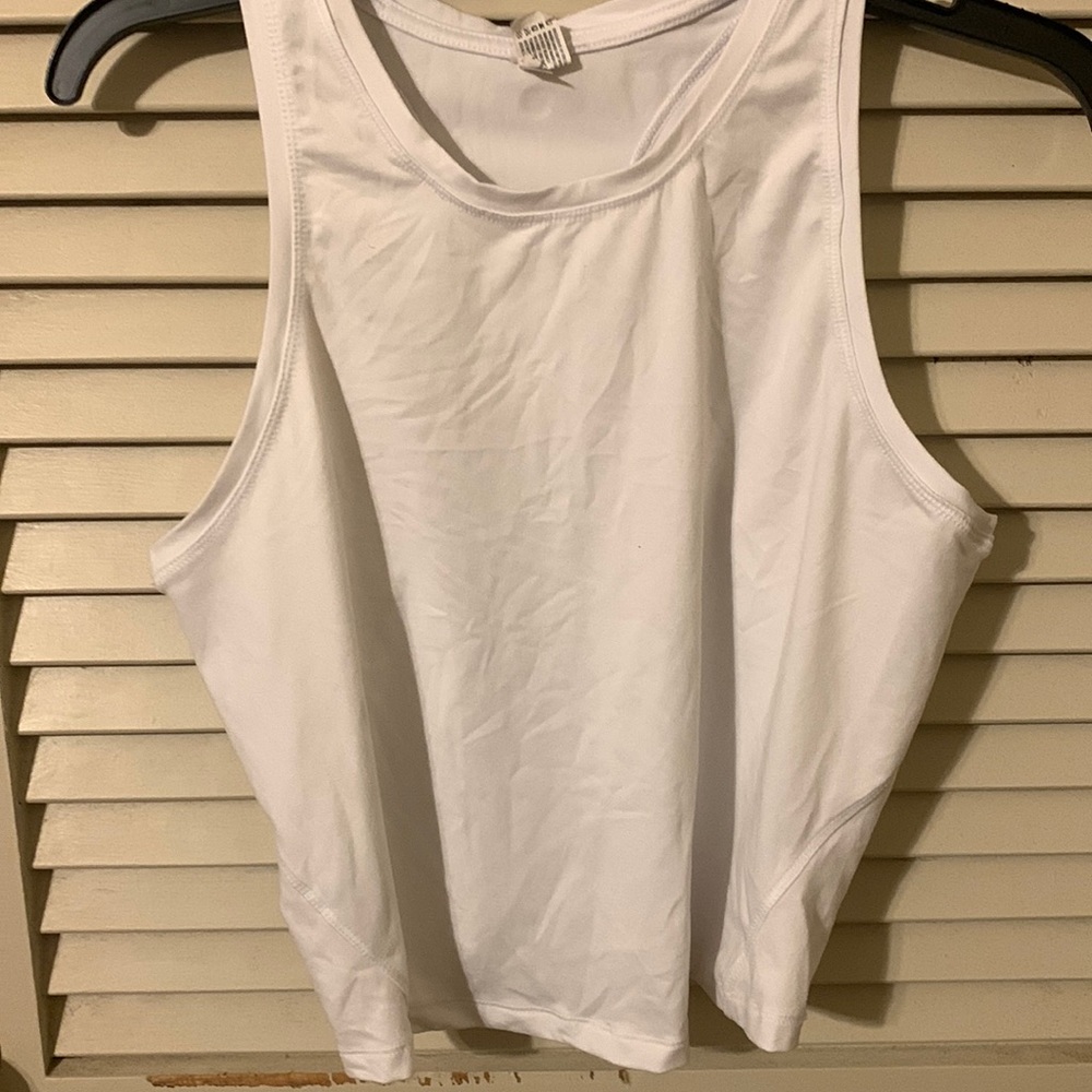 yogalicious white crop razorback workout tank.